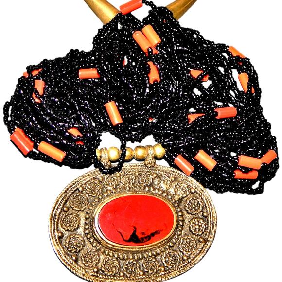 BoHo Bold Red & Brass Beaded Necklace - Picture 2 of 14